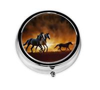 Horses Red Glowing Clouds (1) Round Pill Box - Full Print Design, Metal Electroplated Compact Medicine Case for Travel, Fits Pockets & Wallets