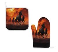 Horses Red Glowing Clouds Oven Mitts and Pot Holders 2pcs Set