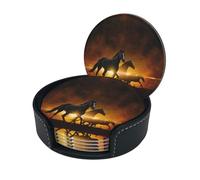 Horses Red Glowing Clouds Print Round Leather Coasters - Set Of 6, Ultra-Fiber Pu Leather