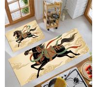 Horses Ribbons Auspicious Clouds Kitchen Rug Set 2 Piece, Non Slip Anti Fatigue Black Kitchen Mat, Machine Washable Fantasy Eastern Art Floor Mat, for Hallway Dining Room 50x80cm+50x150cm