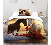 Horses Roses Bedding Set 3D Digital Printing Aesthetic Grassland Animals Seaside Duvet Cover Set 2 Pieces Chic Breathable Comforter Cover for Boys & Girls with Pillowcase Single（135x200cm）