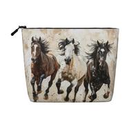 Horses Running Art Print Cosmetic Bag for Women,Faux Linen Makeup Bag Large Capacity,Perfect for Travel Daily Use