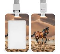 Horses Running in Desert Storm ID Badge Holder with Lanyard Vertical Badge Reel Clip Durable Clear Window Name Tag ABS Plastic Push-Pull Design ID Card Holder for Office, Nurses, Employees