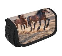 Horses Running in The Sand Pencil Case Organizer - Large Capacity 3 Compartment Pencil Pouch for Adults, Portable Makeup Bag & Aesthetic Stationery Bag with Zipper (8.7x4.3") Unisex Gift