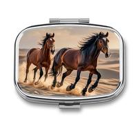 Horses Running in the Sand Pill Box 2 Compartments, Portable Medicine Pill Organizer for Pocket or Purse, Decorative Metal Medicine and Vitamins Organizer
