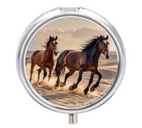 Horses Running in The Sand Pill Box 3-Compartment Travel Pill Organizer Portable Round Medicine Case with Mirror Design for Vitamins, Jewelry & Essentials Durable Pocket Pillbox for Purse, Camping