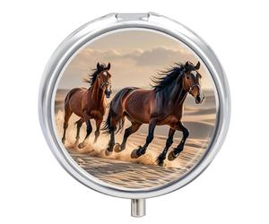 Horses Running in The Sand Pill Box 3-Compartment Travel Pill Organizer Portable Round Medicine Case with Mirror Design for Vitamins, Jewelry & Essentials Durable Pocket Pillbox for Purse, Camping