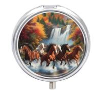 Horses Running River Autumn Cute Travel Pill Organizer Portable Small Round Medicine Case Box for Pocket Purse