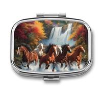 Horses Running River Autumn Cute Travel Pill Organizer Portable Small Square Medicine Case Box for Pocket Purse