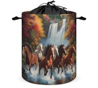 Horses Running River Autumn Large Laundry Basket Foldable Waterproof Dirty Clothes Hamper with Drawstring Closure And Handles