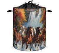 Horses Running River Autumn Large Laundry Basket Foldable Waterproof Dirty Clothes Hamper with Drawstring Closure And Handles