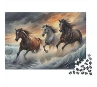 Horses Running Sea 1000 Piece Jigsaws for Adults & Teens, Cardboard, Three Horses, Challenging Puzzle, Brain Teaser for Concentration, for Men Women 70x50cm/1000pcs