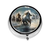 Horses Running Wild in The River Mini Round Pill Box, can be Put into Wallet, Pocket, Light and Convenient, 3 Compartment Pill Box, Portable Pill Box,