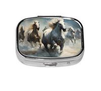 Horses Running Wild in The River Square Pill Storage Box, Travel Portable Mini Pill Box, Vitamin Medicine Storage Box (2 Compartment Pill Box)