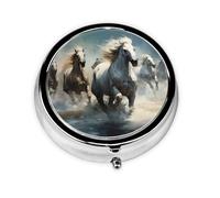 Horses Running Wild in The River Take-Along Pill Box, Portable Round Pill Box, fits in Your Purse Pocket Lightweight 3 Compartment Pill Box,