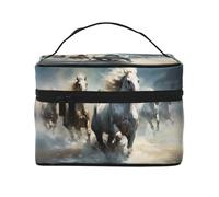 Horses running wild in the river Women's travel cosmetic bag, (9x6.5x6.2 inches) portable large capacity cosmetic bag, large cosmetic bag storage bag for girls, Black, One Size