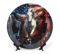 Horses U.S. Flag Bone China Decorative Plate Ceramic Plates Wall Decor with Display Stand 8inch