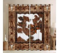 Horseshoe Window Curtains Texas Star Bull Skull Cow Fur Print Window Drapes for Kids Boys Teens, Western Cowboy Window Treatments Grommet Top 2 Panel Set Bedroom Curtains, 66Wx90L inch