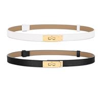 Horsopia Women Skinny Leather Belt for Dresses Jeans Solid Color Alloy Turn Lock 2 Pack, Black+white, Fits Waist Size 23in-33in