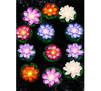 Hortsun 12 Pcs Lotus Flowers with Batteries, Floating Flowers with Lily Pads, Artificial Pond Ornaments Diwali Decorations Pooja Floating Candles Decors for Home Pool Outdoor(5.91 Inch,Multicolor)