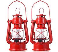 Hortsun 2 Pcs 8 Inch Vintage LED Hurricane Lantern Metal Red Outdoor Battery Operated Hanging Lantern with Warm LEDs and Dimmer Switch for Halloween Christmas Indoor Rustic Farmhouse Camping Decor