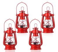 Hortsun 4 Pcs 8 Inch Vintage LED Hurricane Lantern Metal Red Outdoor Battery Operated Hanging Lantern with Warm LEDs and Dimmer Switch for Halloween Christmas Indoor Rustic Farmhouse Camping Decor