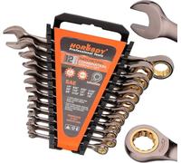 HORUSDY 12-Piece SAE Flex-Head Ratcheting Spanner Set with Organizer | 8-19 mm Ratchet Combination Spanners Set | 72-Teeth | Chrome Vanadium Steel (12PC SAE)