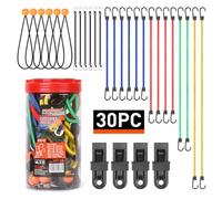 HORUSDY 30-Piece Premium Bungee Cords Assortment Jar,Includes 10”,18”,24”,32”,40” Bungee Cords, 8”Canopy/Tarp Ball Ties and Crocodile Mouth Tarp Clips
