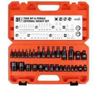 HORUSDY 31-Piece Torx Bit and Female External Socket Set | 14 Star Bits (T8- T70) and 12 Female E-Torx Sockets (E4-E24) | 4 Impact Socket Adapter Set