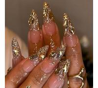 HOSAILY Long Almond Gold Glitter Press On Nails - Luxury French Shimmer Diamond Design, Holiday Party & Wedding False Nail with Glue, 24PCS Full Cover Gel Nail for Women- Autumn to New Year’s Elegance