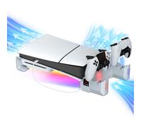 Hosanwell PS5 Slim Horizontal Bracket, Cooling Bracket with Dual Controller Charger for Playstation5 Slim, RGB Lights and Cooling Fan Stand, White