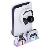 Hosanwell PS5 Wall Mount for PS5/PS5 Pro/PS5 Slim Kit with Charging Station, Compatible with Disc & Digital Version, Dual Use Charging Station with Multi-mode RGB Light, White