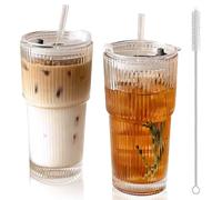 hosck 2 Pack 600ml Iced Coffee Cup with Lids, Leakproof & Dishwasher Safe Glass Tumbler with Straw and Lid, Ribbed Glassware Cups, Drinking Glasses, Glass Cups for Coffee, Tea, Juice, Matcha, Smoothie