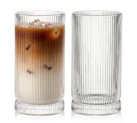 hosck 2 Pack Iced Coffee Cup, 455ml Clear Glass Tumbler Set, Ribbed Glassware Cups, Dishwasher Safe Drinking Glasses, Stylish Glass Cups for Coffee, Juice, Tea, Matcha, Cocktail