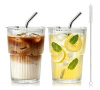 hosck 2 Pack Iced Coffee Cups with Lids, 400ml Clear Glass Tumbler with Straw and Lid, Dishwasher Safe & Leak Proof Drinking Glasses Set, Stylish Ribbed Glass Cups for Coffee Juice Tea Matcha Cocktail
