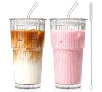 hosck 2 Pack Iced Coffee Cups with Lids, 600ml Clear Glass Tumbler with Straw and Lid, Dishwasher Safe & Leak Proof Drinking Glasses Set, Stylish Ribbed Glass Cups for Coffee Juice Tea Matcha Cocktail