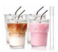 hosck 4 Pack Iced Coffee Cups with Lids, 400ml Clear Glass Tumbler with Straw and Lid, Dishwasher Safe & Leak Proof Drinking Glasses Set, Stylish Ribbed Glass Cups for Coffee Juice Tea Matcha Cocktail