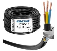 Hose Cable H05VV-F 3G 1.5 mm² - 3 x 1.5 mm² (mm2) - Black - Plastic Cable - Various Lengths Available: 5/10/25/50 or 100 Metres
