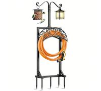 Hose Holder with Storage Basket, Freestanding Garden Hose Pipe Stand Heavy Duty Metal, Detachable Water Hose Organiser Rack for Outside Yard - Black