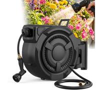 Hose Reel 1/2 in x 100 ft, 180° Swivel Wall-Mounted Garden Hose Reel, Hose Reels for Outside Lock at Any Length, Slow Return System Retractable Hose, Water Hose Reel with 10-Pattern Nozzle, Black