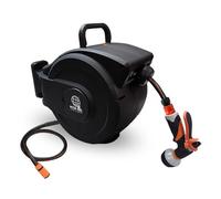 Hose Reel Pro Retractable Garden Hose Reel - Black Case/Black Hose, 15m Wall-Mounted Garden Hose with Automatic Rewind, 8-Function Spray Nozzle, 150° Swivel Bracket, Heavy-Duty Leak-Proof Design