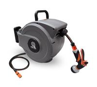 Hose Reel Pro Retractable Garden Hose Reel - Grey Case/Black Hose, 15m Wall-Mounted Garden Hose with Automatic Rewind, 8-Function Spray Nozzle, 150° Swivel Bracket, Heavy-Duty Leak-Proof Design