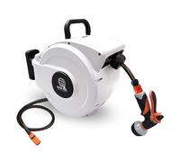 Hose Reel Pro Retractable Garden Hose Reel - White Case/Black Hose, 15m Wall-Mounted Garden Hose with Automatic Rewind, 8-Function Spray Nozzle, 150° Swivel Bracket, Heavy-Duty Leak-Proof Design
