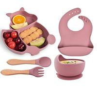 Hoseay Baby Weaning Set, 5 in 1 Baby Feeding Set Silicone Suction Plate and Bowl Spoon Fork Bibs Eating Set for Kids, Toddler Plates and Bowls Sets Baby Essentials for Baby Led Weaning, Pink Squirrel