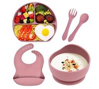 Hoseay Baby Weaning Set, 5 Pcs Silicone Baby Feeding Set with Suction Bowl Plate Fork Spoon Adjustable Bib Baby Led Weaning Feeding Supplies BPA Free Baby Plate Set for Kids Toddlers, Pink