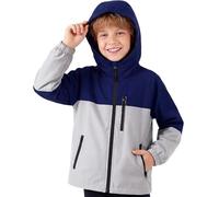 Hoseay Kids Jacket Waterproof Windproof Raincoats with Reflective Strips and Zipped Pockets Lightweight Hooded Windbreaker Boys Functional Outerwear School for Age 7-8, Blue Grey