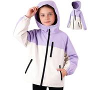 Hoseay Kids Jacket Waterproof Windproof Raincoats with Reflective Strips and Zipped Pockets Lightweight Hooded Windbreaker Girls Functional Outerwear Camping for Age 9-10, Purple White