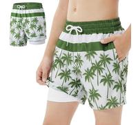 Hoseay Swim Trunks Boys Beach Shorts with Anti Chafe Compression Liner and Pockets Quick Dry 2 in 1 Drawstring Elastic Waist Board Short Boxer Swimwear Pool Seaside for Kids 9-10 Years, Green
