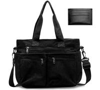 Hoseay Women's Large Bag - Corduroy Shoulder Bag with Many Pockets - Casual for College, Work, School, Shopping and Travel - Lightweight Zipped Shopper - Tote Bag, Black/White, One Size