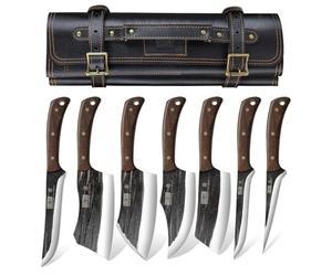 HOSHANHO Butcher Knife Set, Hand Forged Butcher Chef Knife Set with Roll Bag, Sharp Meat Cleaver Bone Chopper Fillet Knife for Home & Camping & BBQ Gift for Men